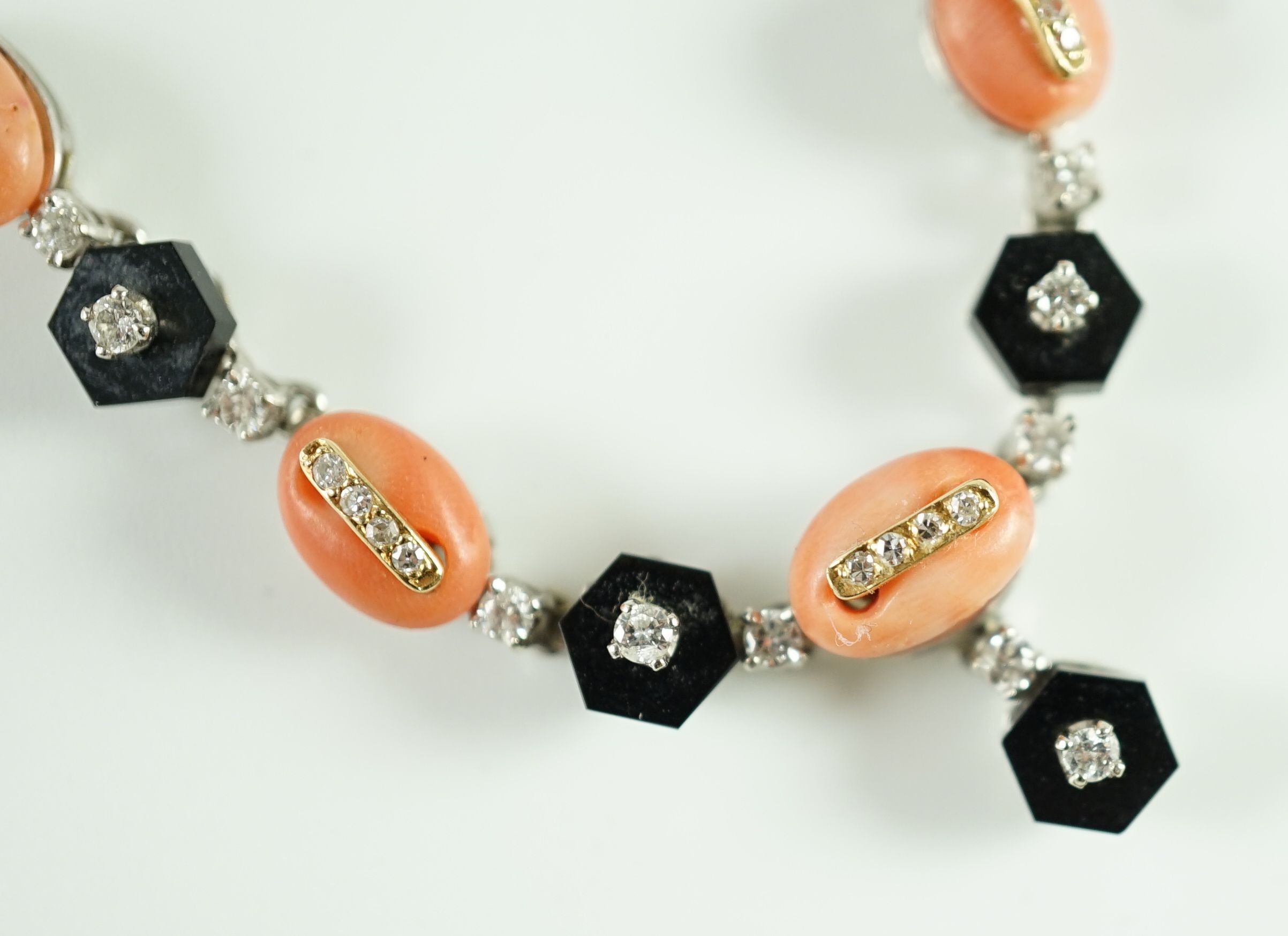 A 20th century Italian 18ct gold, coral black onyx and diamond set drop necklace